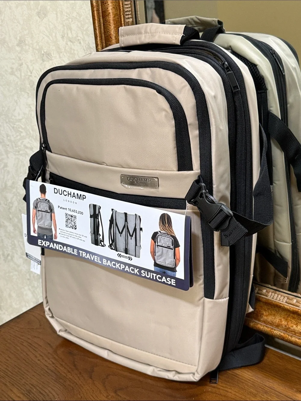 Duchamp Beige Expandable Travel Backpack/ Suitcase with laptop pocket and USB.